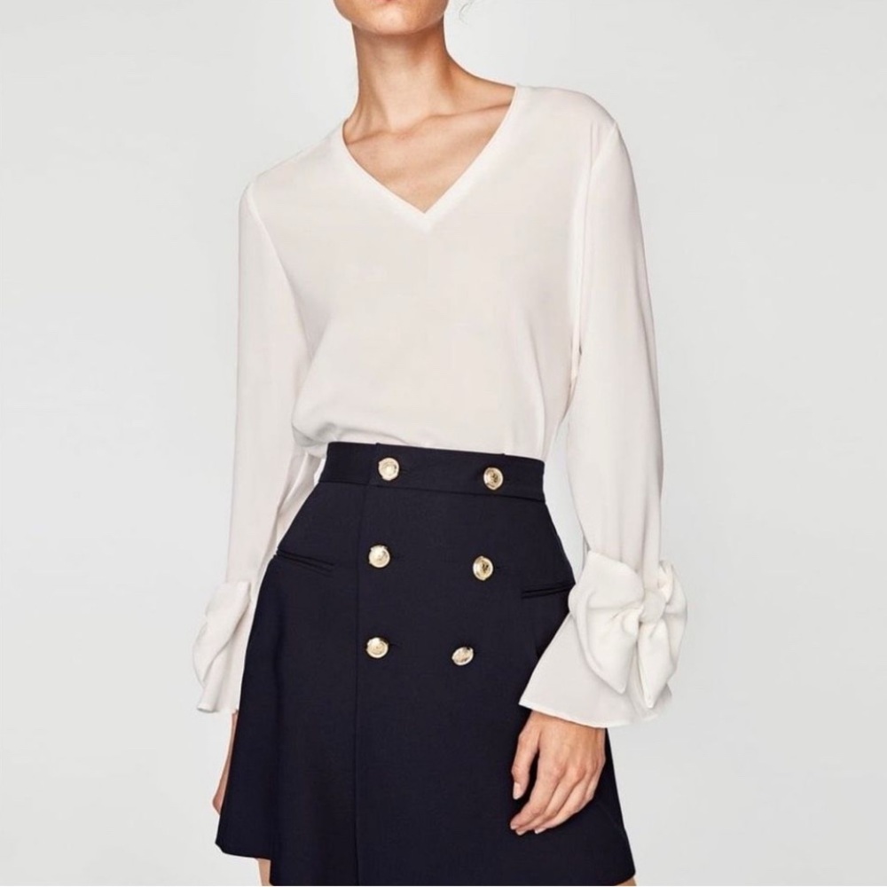 ZARA Satin V Neck Blouse Bow Cuff Sleeves Size LARGE Off White Feminine Rare